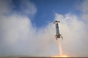 The New Shepard rocket booster lands in this handout photo provided by Blue Origin, in West Texas April 2, 2016. REUTERS/Blue Origin/Handout via Reuters